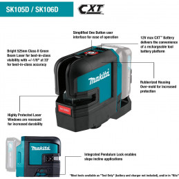 Makita SK105DZ Cordless Red Cross Line Laser - 12 V - Blue, Silver