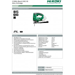 HIKOKI CJ18DA Cordless Jigsaw (Li-Ion, 18 V, 26 mm Lifting Height, Maximum 45° Bevel Cuts, 4-Stage Pendulum Lift Function,